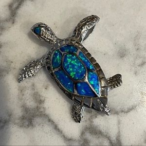 Sterling silver sea turtle pendant with synthetic blue opal inlay shell